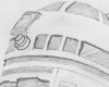 A pencil sketch of R2D2 from Star Wars, a cylinder shaped waist-high robot with three legs and a domed rotating top.